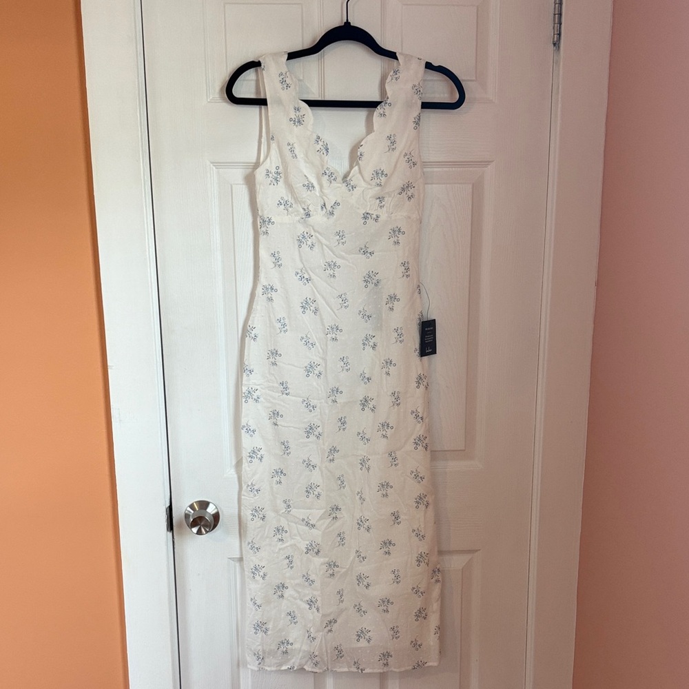 Lulu's White and Blue Floral Midi Dress